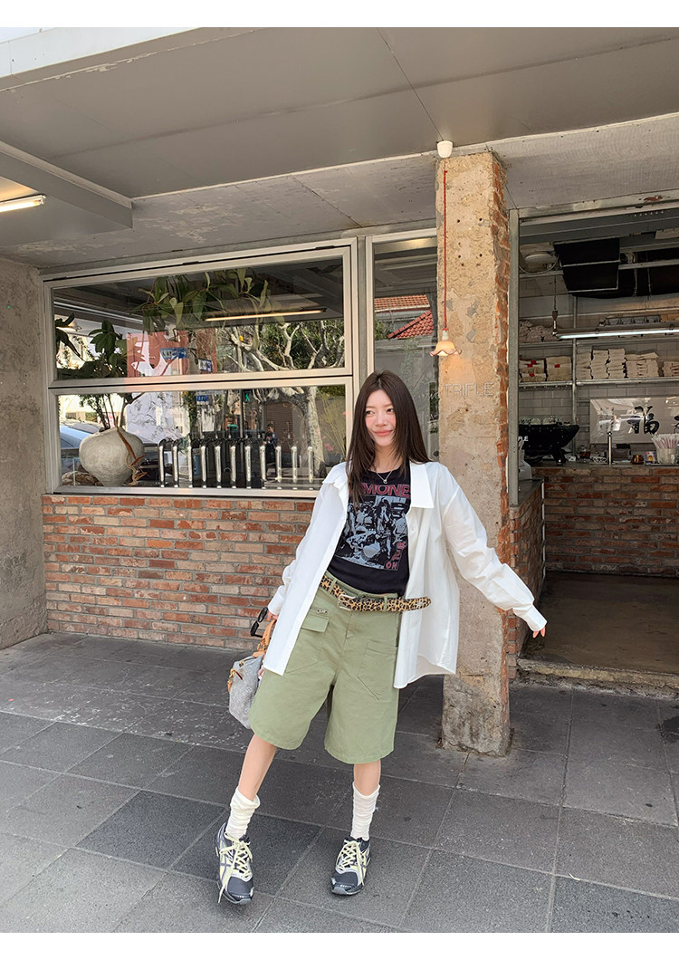 牙套大汪 【Ретро возвращение】 Американский ретро стиль рок контрастная печать прямые плечи приталенная футболка