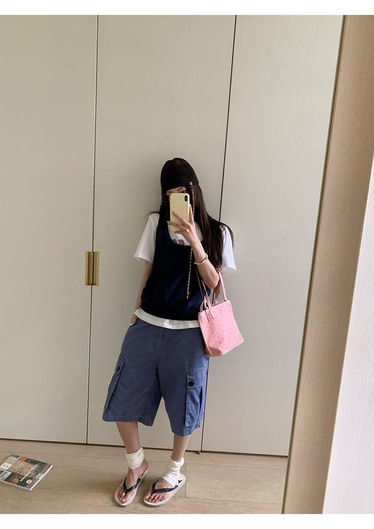 【小蓝莓】Плотные винтажные сине-фиолетовые свободные капри с большими карманами