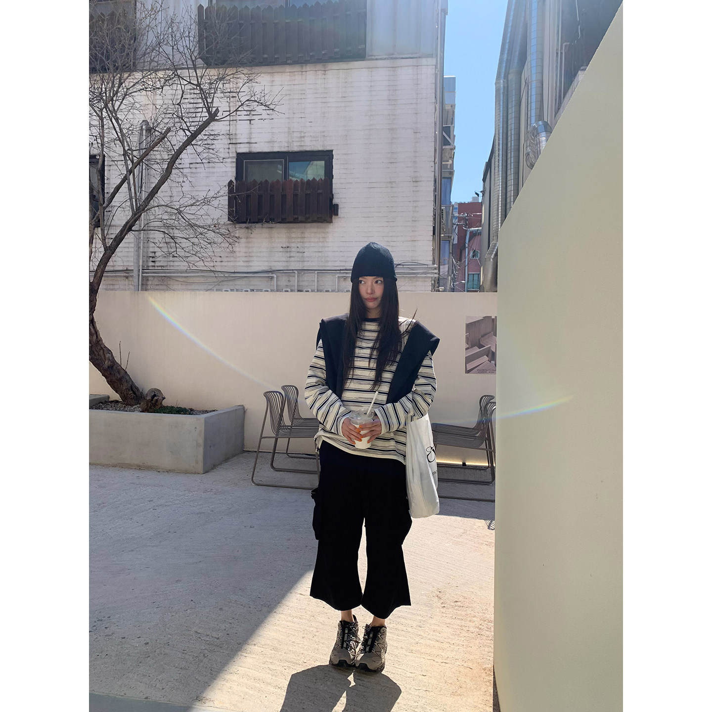 牙套大汪 [Девочка-эскиз] Футболка с длинными рукавами и круглым вырезом в неровную полоску