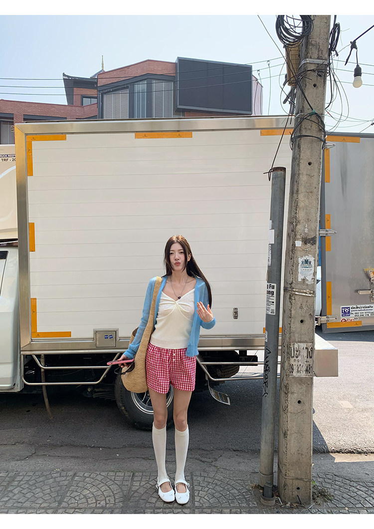 牙套大汪 корейские девичьи клетчатые повседневные шорты с эластичным поясом и пуговицами