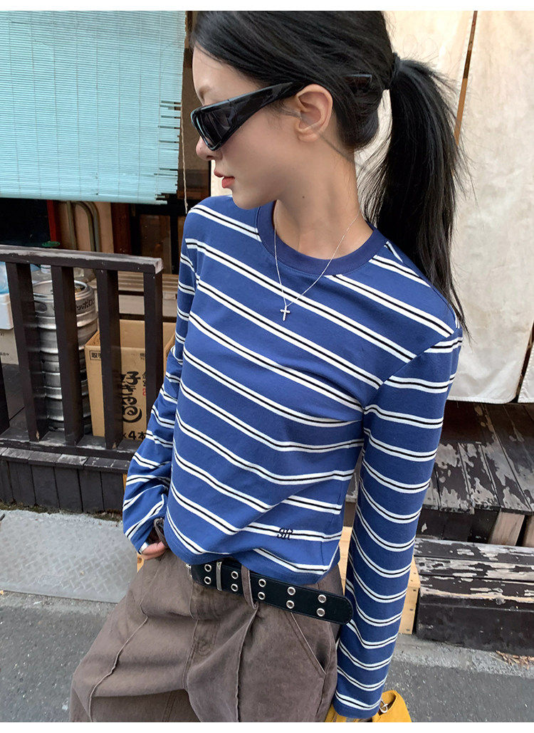 牙套大汪 【海魂2代】полосатая голова синяя осенняя новинка casual свободная стройнящая базовая футболка