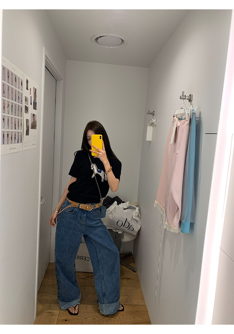 牙套大汪 【Мадридское детство】 Отличный состав! Двухцветный вязаный джемпер с короткими рукавами и жаккардовым узором пони