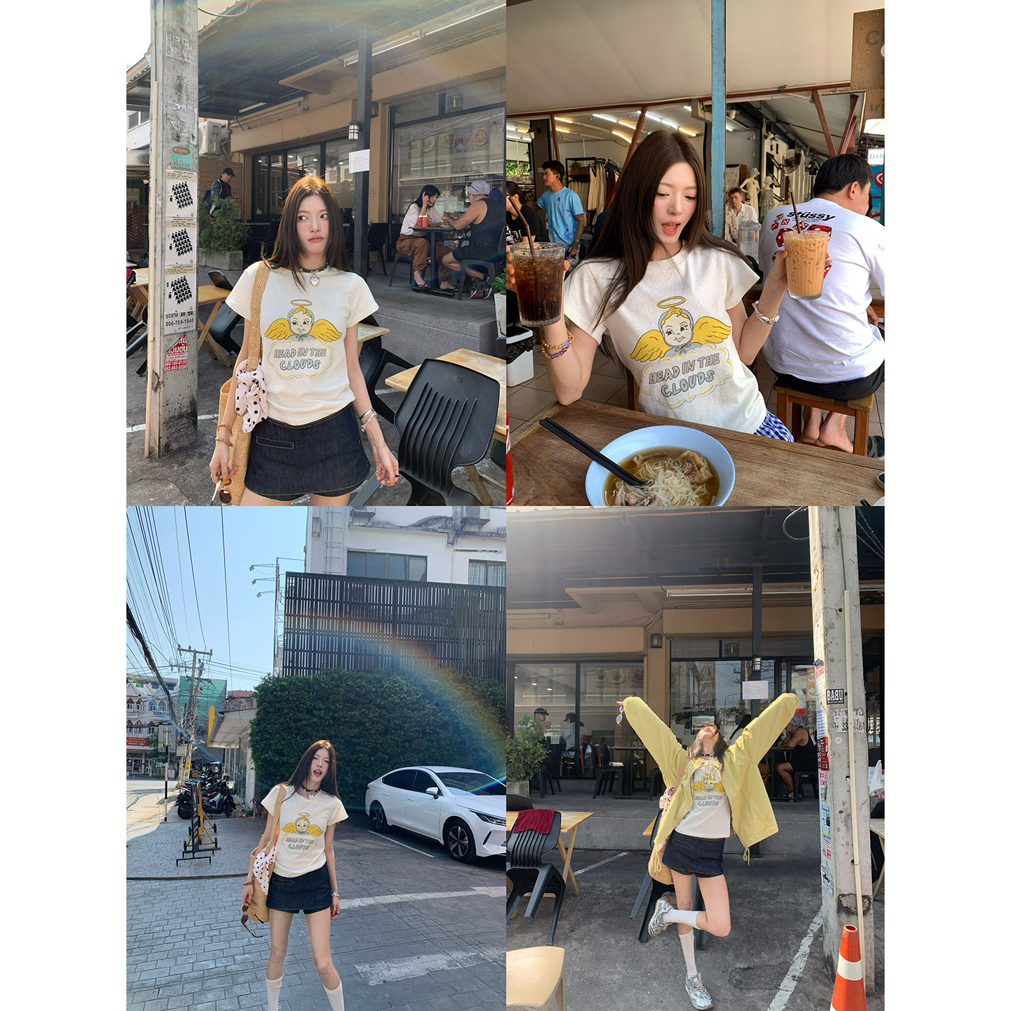 牙套大汪【天使贝贝】Американская ретро футболка с принтом ангелочка приталенного кроя с короткими рукавами