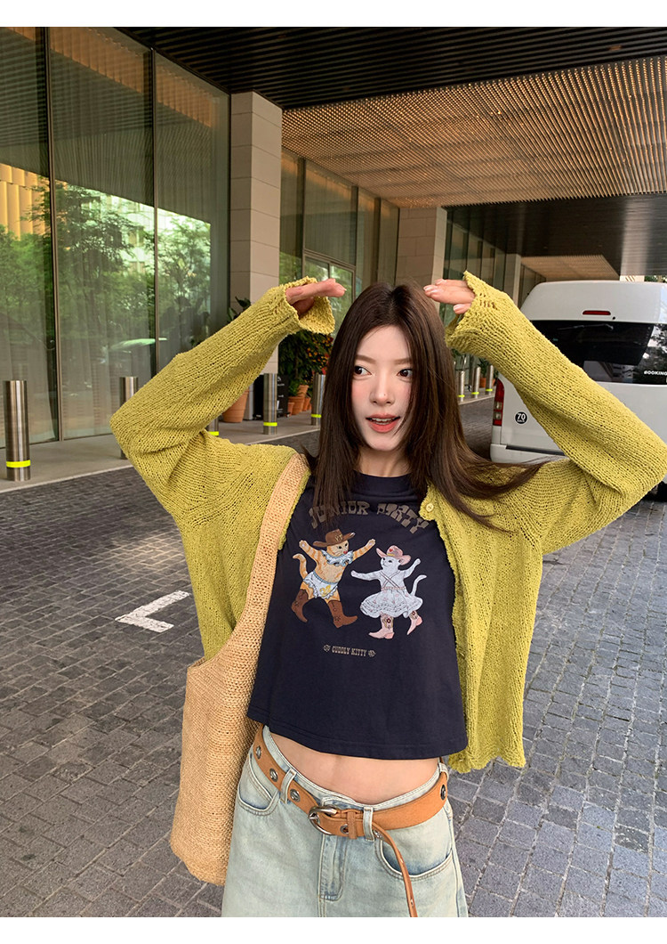 Супер милая новая модель 2026 приталенная футболка с принтом букв Dancing Kitten