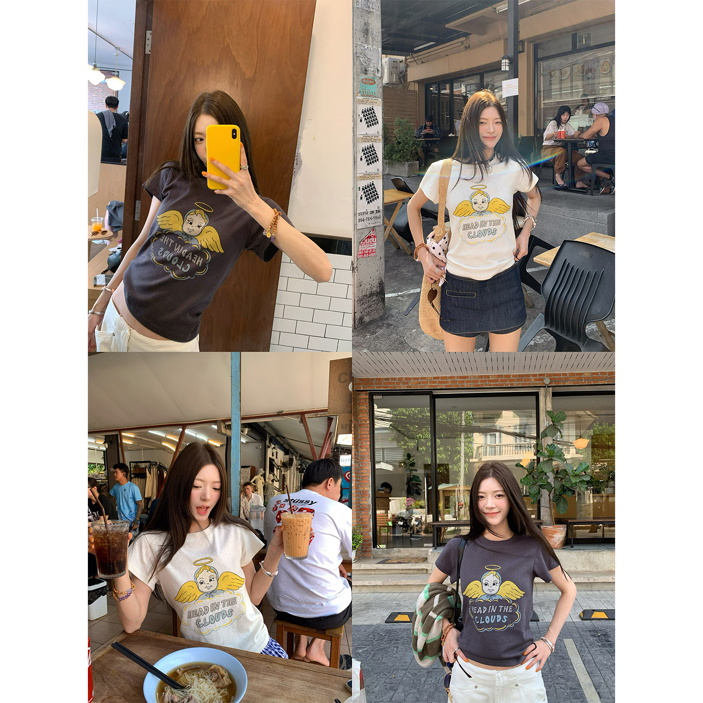 牙套大汪【天使贝贝】Американская ретро футболка с принтом ангелочка приталенного кроя с короткими рукавами