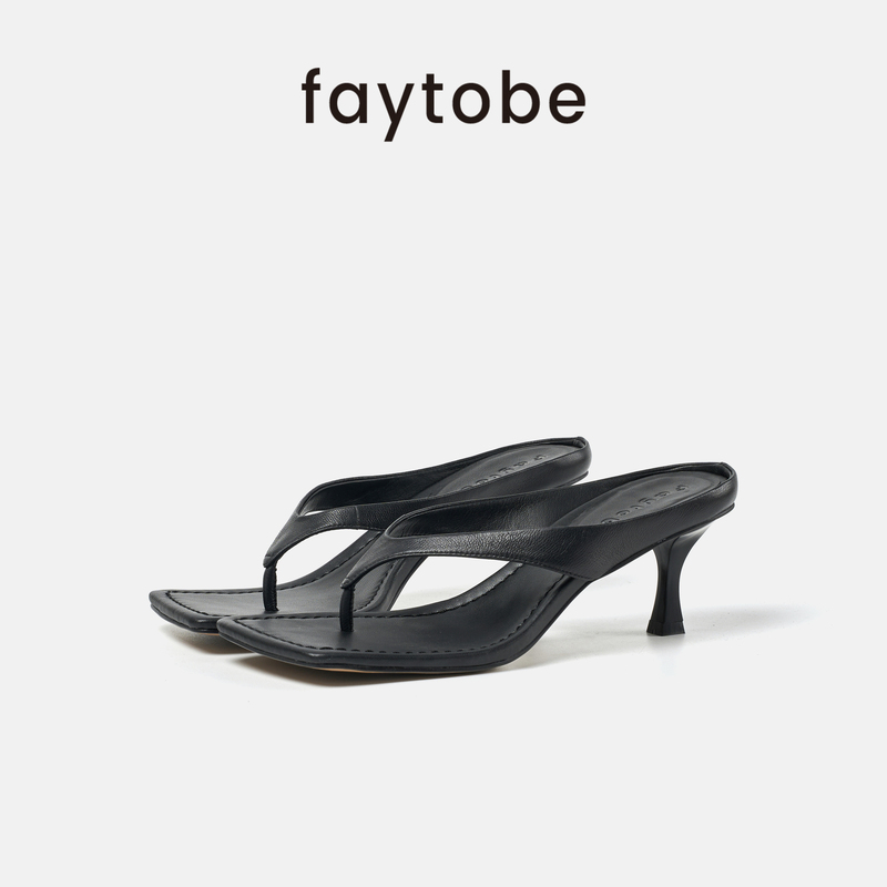 Faytobe French-Style Thong Leather High-Heeled Sandals 26 Summer Comfortable Versatile Square-Toe Flip-Flops Fairy Style for Outdoor Wear
