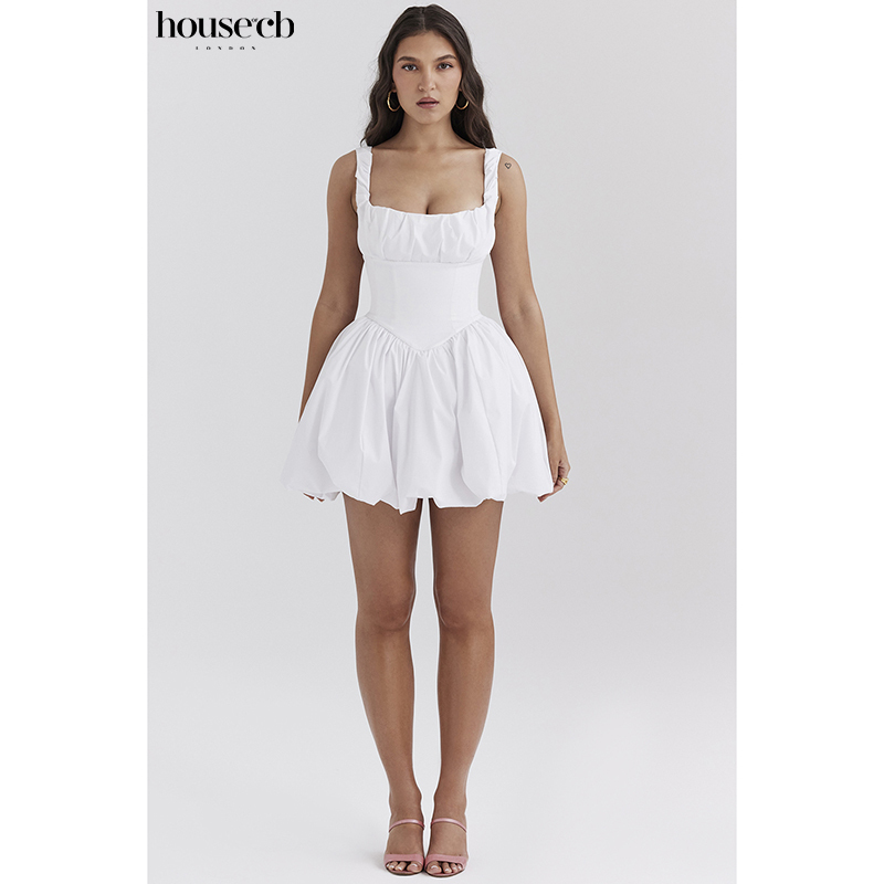 House of Cb Fresh and Sweet Style White Suspender Cotton Puffy Pleated Mini Dress Le Puff
