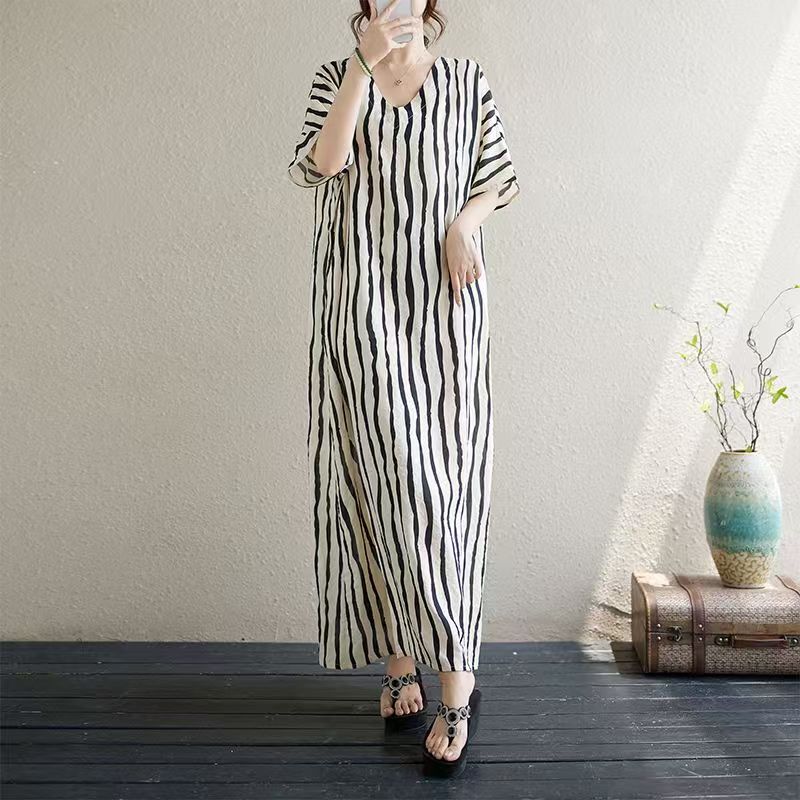 2026 Summer Thin Fresh Vertical Striped V-Neck Slimming Robe Dress Loose Slimming Straight Long Dress