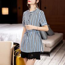 Plus size womens 2023 new summer shirt slightly fat mm fashionable drawstring waist lazy style slim striped shirt