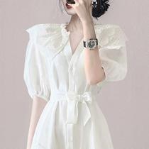 Korean style temperament age-reducing dress 2023 summer new arrival small big lapel single-breasted lace-up ruffle skirt