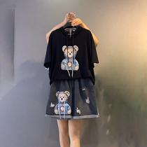 Summer European outfit for women 2022 loose bear short-sleeved hooded top denim shorts large size two-piece set