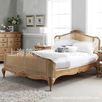 Neoclassical bedroom casual solid wood rattan wedding bed French master bedroom retro distressed double bed model room furniture