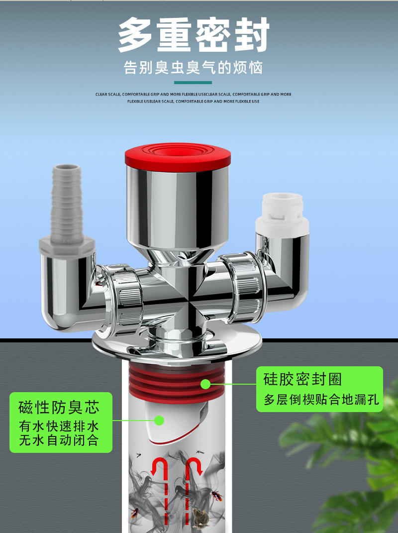 Трапных аксессуары 洗衣机下水三通分水器地漏二合一排水管三头通接头防臭防溢水通用