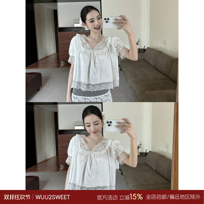 Wu Tai Tian Lyocell Acetate Lace Trim Patchwork Shirt V-Neck Puff Sleeve Loose Slimming Versatile Top Wu Tai Tian Lyocell Acetate Lace Trim Patchwork Shirt V-Neck Puff Sleeve Loose Slimming Versatile Top