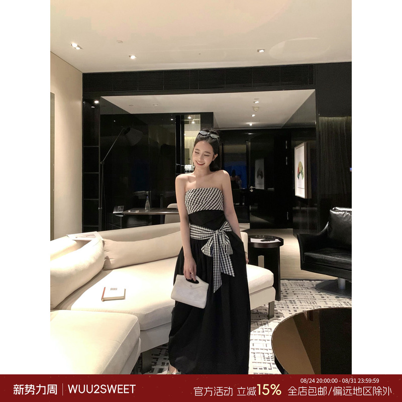 Wu Taitian Plaid Patchwork Bow-Tie Strapless Dress, Feminine Waist-Cinching Wide Hem A-Line Floral Long Dress
