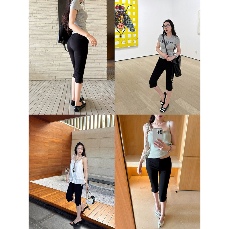 Wuu2Sweet Capri Pants Elastic Mid-Length Pants for Women with Side Slits, Black Casual Leggings