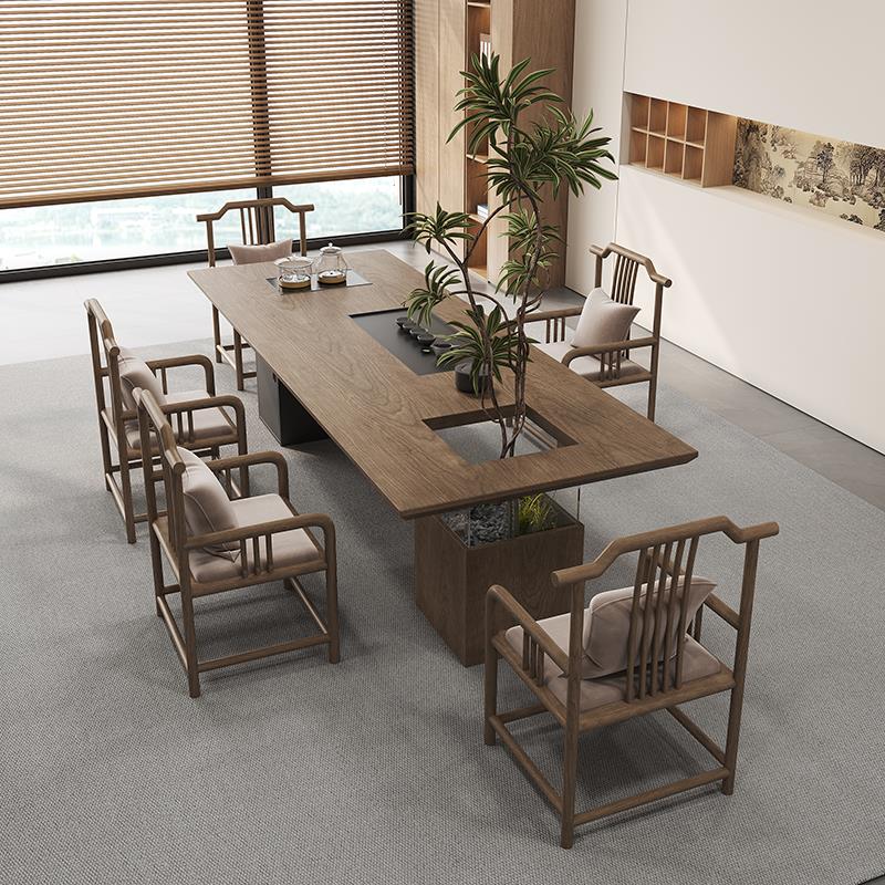 Potted Zen black walnut color tea table and chair combination new Chinese style solid wood tea table office home tea table