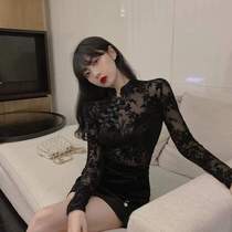 Bottoming slim fit autumn and winter black see-through retro long-sleeved shirt high-end blouse with buckles slimming and inner lace