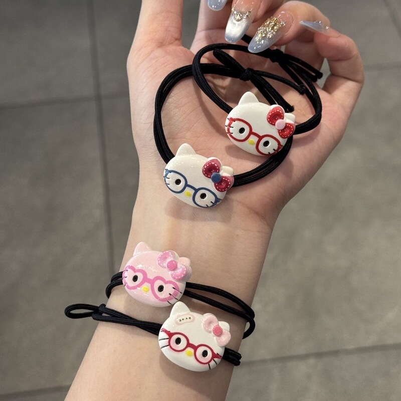 Funny Cat with Glasses Hair Tie Cartoon Sweet Girl Hair Ring Best Friend Bracelet Versatile High Elasticity Small Rubber Band