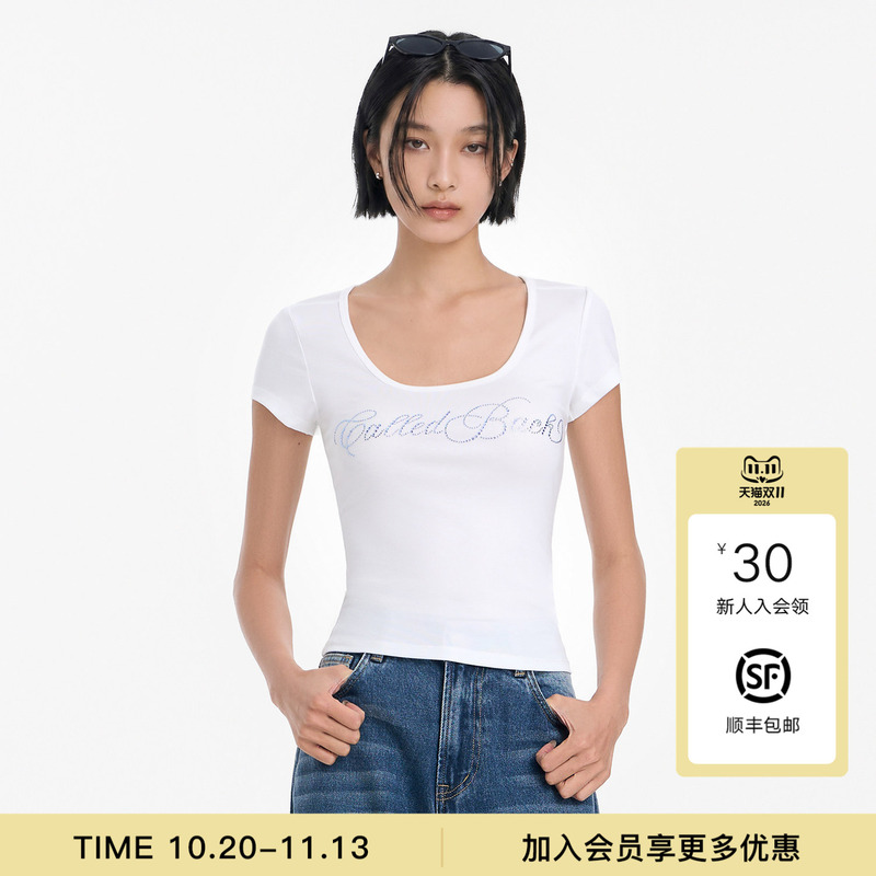 Called Back Letter Rhinestone Short-Sleeved T-Shirt for Women, 2026 Autumn New Style, Simple Casual Versatile Top