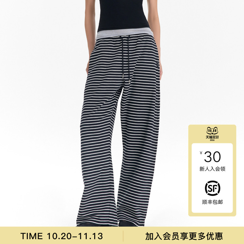 [Same Style as Li Yitong] Calledback Wide-Leg Casual Pants for Women 2026 Autumn New Striped Drawstring Long Pants