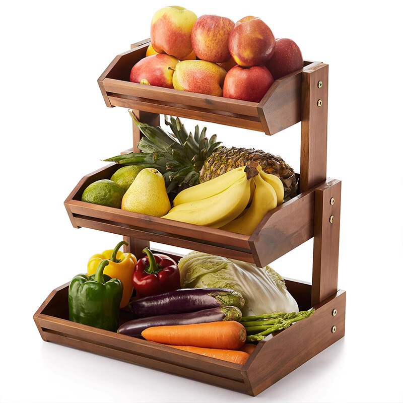 European-Style Teak Tabletop Fruit Basket, Vegetable and Bread Basket, Double-Layer Storage Rack, Simple Snack and Miscellaneous Storage Basket Shelf