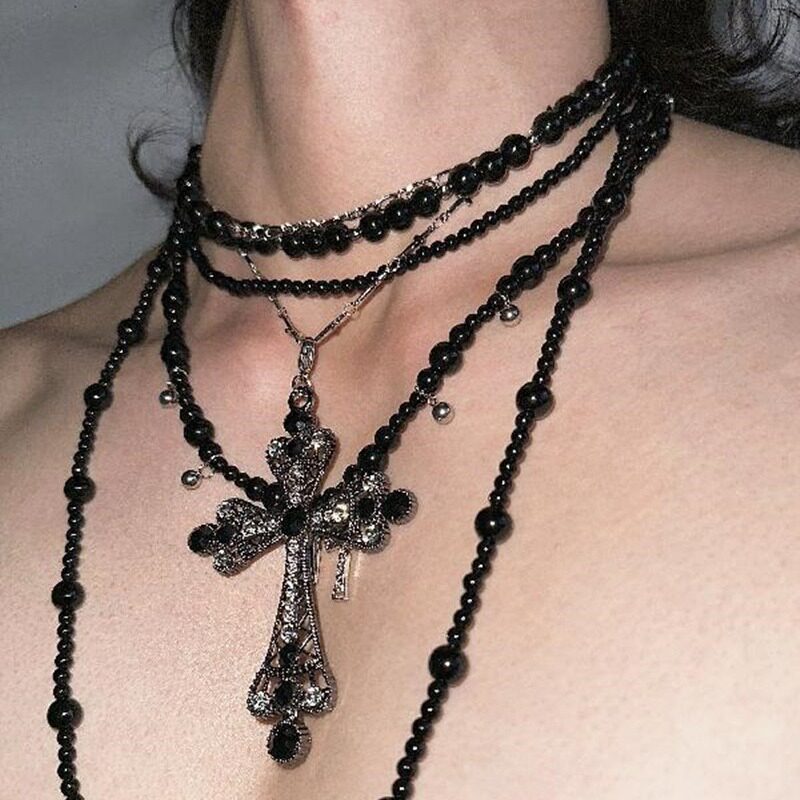 OCEANBLISS "Disorderly" Cool Black Stone Titanium Steel Necklace, Heavy-duty Multi-layer Choker Necklace