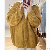 Lazy style thick-knit woolen sweater cardigan 2023 autumn new loose bat-sleeve slim sweater top for women
