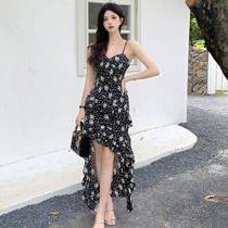 French irregular floral suspender dress knitted cardigan suit womens summer pure desire sexy seaside vacation long dress