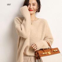 Cashmere 2024 spring new style womens loose round neck double-strand three-dimensional towel embroidery short thickened knitted sweater