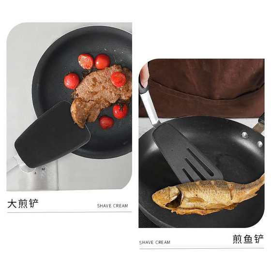 亚马逊硅胶厨具4件套 烹饪厨具硅胶手柄弹簧锅铲牛排漏铲厨房用具