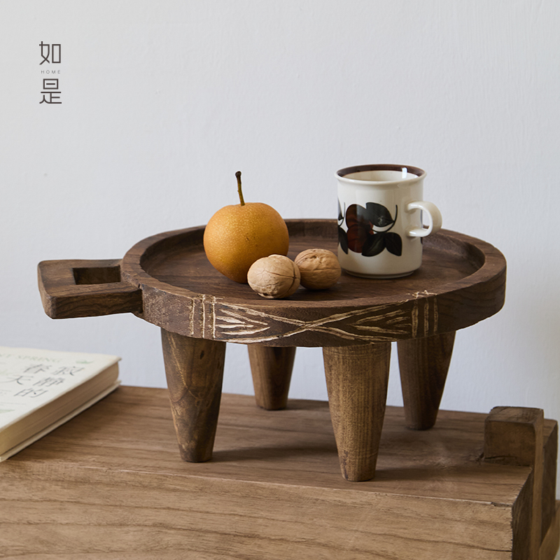 Rushe/Wabi-Sabi Style Solid Wood Fruit Plate, Vintage Wooden Tray, Tea Tray Ornament, Homestay Model Room Decoration Fruit Plate