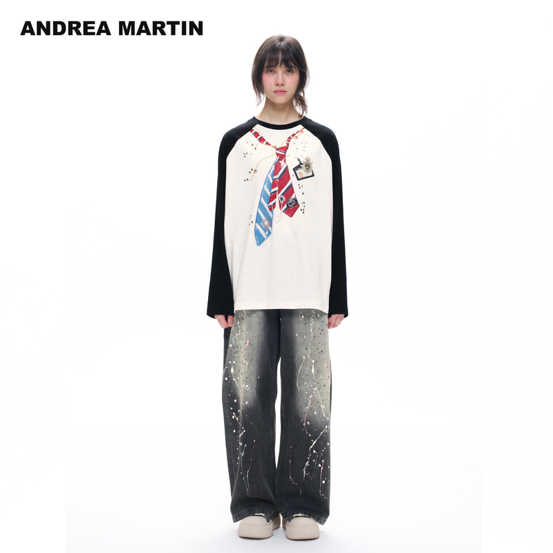 Andrea Martin2026 New Autumn Style Hot Stamping Printed Loose Long-Sleeved T-Shirt Round Neck Raglan Sleeve Casual Top