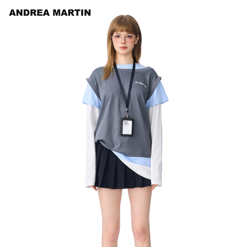 [Same Style as Sun Leyan] Andrea Martin New Autumn Style Fake Three-Piece Loose-Fitting Slim Long-Sleeved Casual T-Shirt
