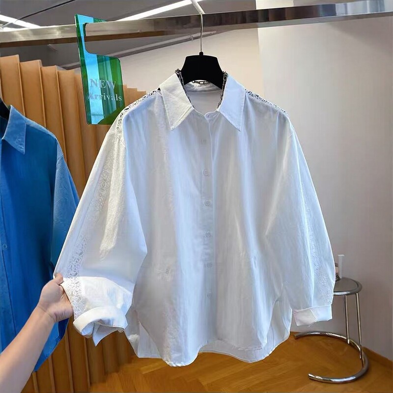 White Lace Spliced Pure Cotton Shirt for Women, Long-Sleeved, 2026 Autumn New Style, Hollow-Out Design, Plus-Size Loose Shirt White Lace Spliced Pure Cotton Shirt for Women, Long-Sleeved, 2026 Autumn New Style, Hollow-Out Design, Plus-Size Loose Shirt