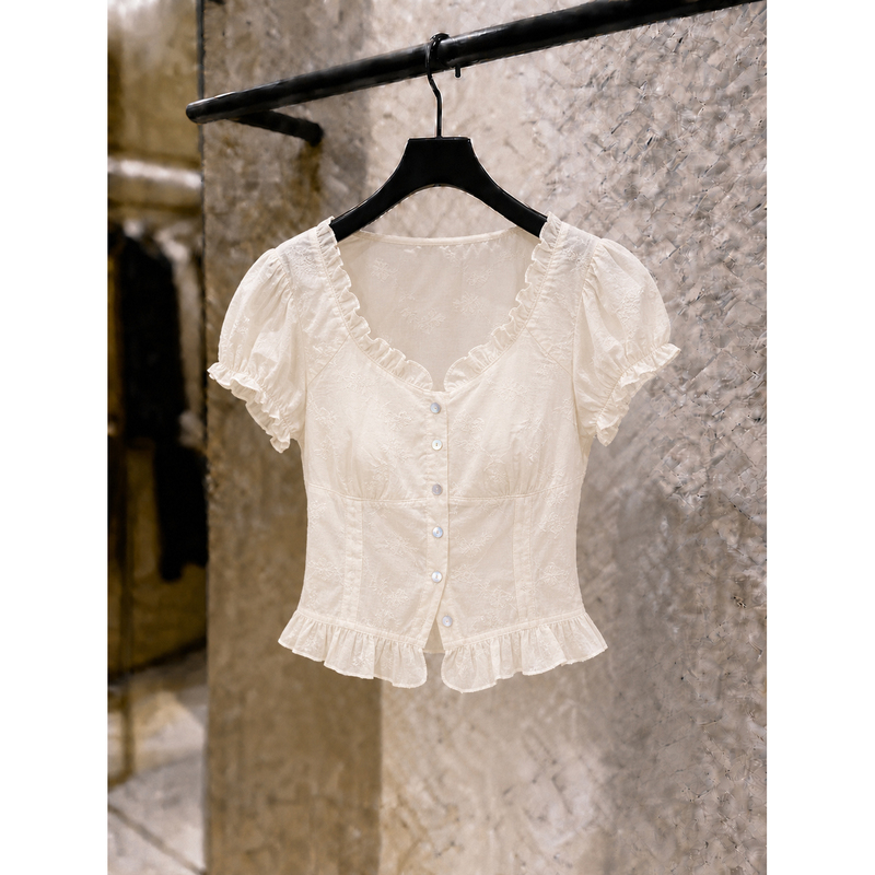 French Sweet Style White Puff Sleeve Ruffle Shirt for Women Summer New High-End Unique Lace Top
