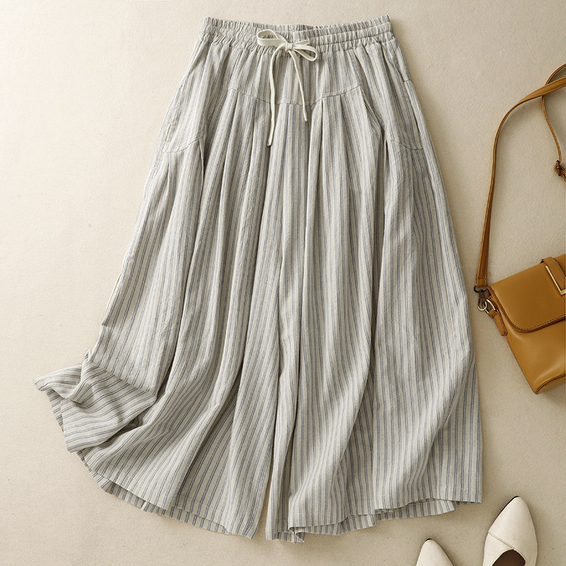 Vintage Artistic Striped Wide-Leg Skirt Pants for Women, Summer Loose and Relaxed High-Waisted Drapey Slimming Casual A-Line Cropped Pants Vintage Artistic Striped Wide-Leg Skirt Pants for Women, Summer Loose and Relaxed High-Waisted Drapey Slimming Casual A-Line Cropped Pants