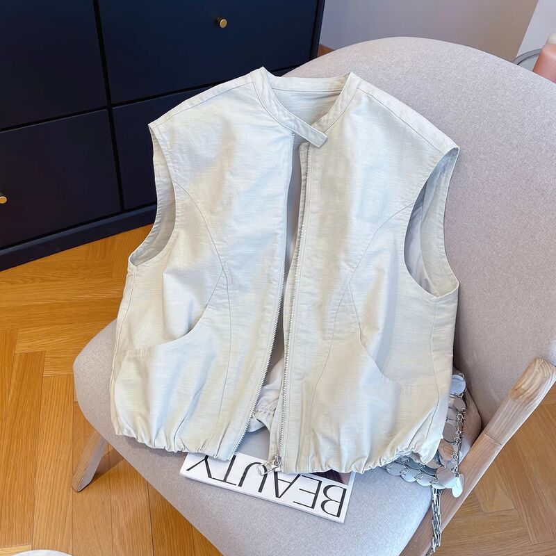 Casual Style Stand-Up Collar Sleeveless Vest for Women 2026 Summer Zipper Short Vest with a High-End and Simple Look Casual Style Stand-Up Collar Sleeveless Vest for Women 2026 Summer Zipper Short Vest with a High-End and Simple Look
