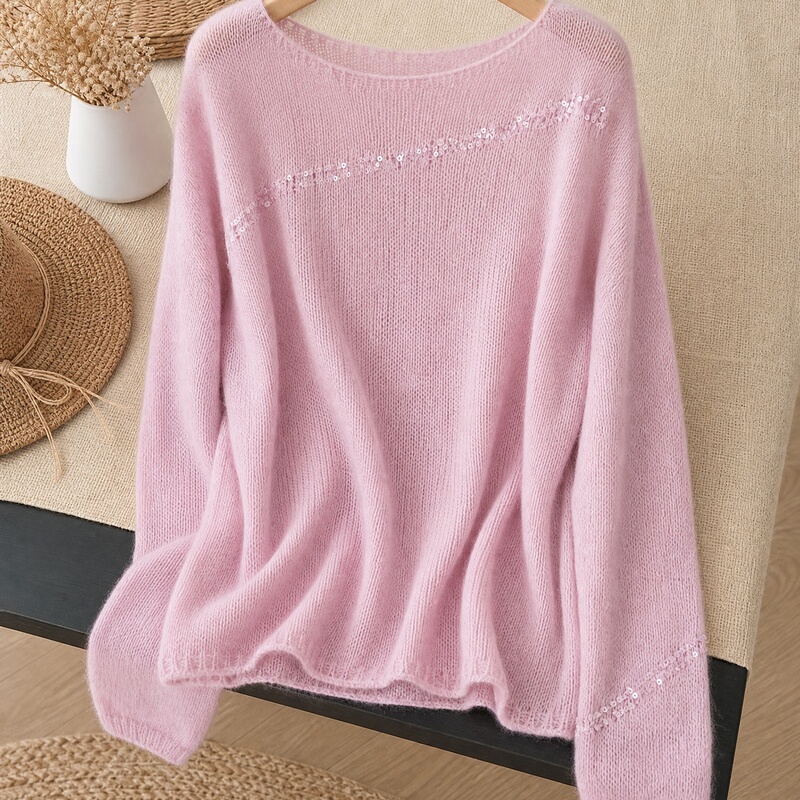 Women's Pullover Knit Sweater 2026 Early Autumn Pink Round Neck Long Sleeve Sequined Loose Soft Korean Style Top New Arrival Women's Pullover Knit Sweater 2026 Early Autumn Pink Round Neck Long Sleeve Sequined Loose Soft Korean Style Top New Arrival