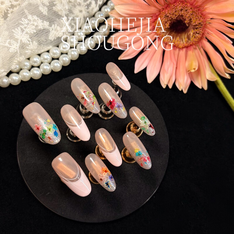 [Xiao He's Home] Purely Handmade Pink French Dried Flower Press-On Nails, Rich Girl's Spring Manicure 2026 New Style