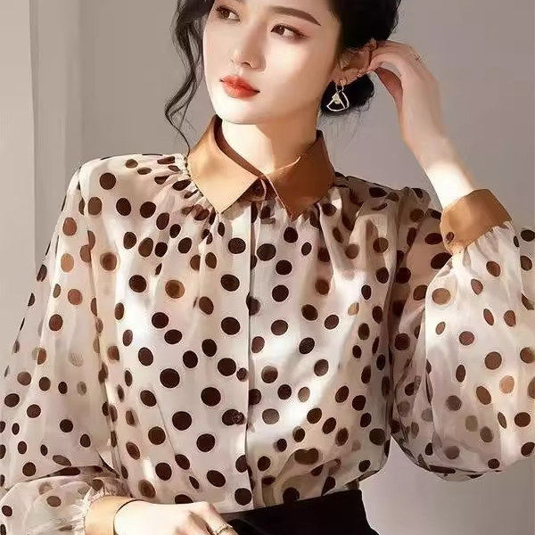 2025 High-End Summer New French Style Loose Polka Dot Shirt Women's Blouse Design Polka Dot Chiffon Shirt Sun Protection Clothing