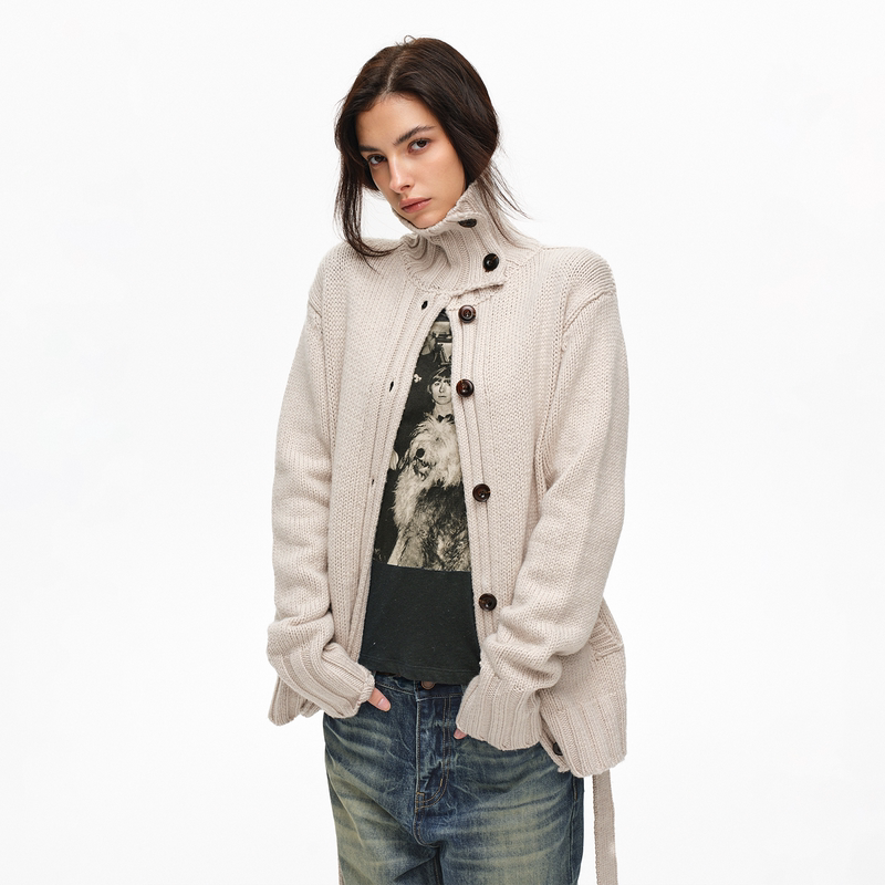 Two Little Guys*"Danish Narrative" Buttoned High-Neck Vintage Chunky Knit Australian Wool Coat