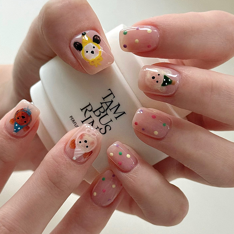 Childlike and Cute Little Bear Handmade Wearable Nails Dopamine Plush-Like Painted Nails Summer Polka Dot Ice Cream Short