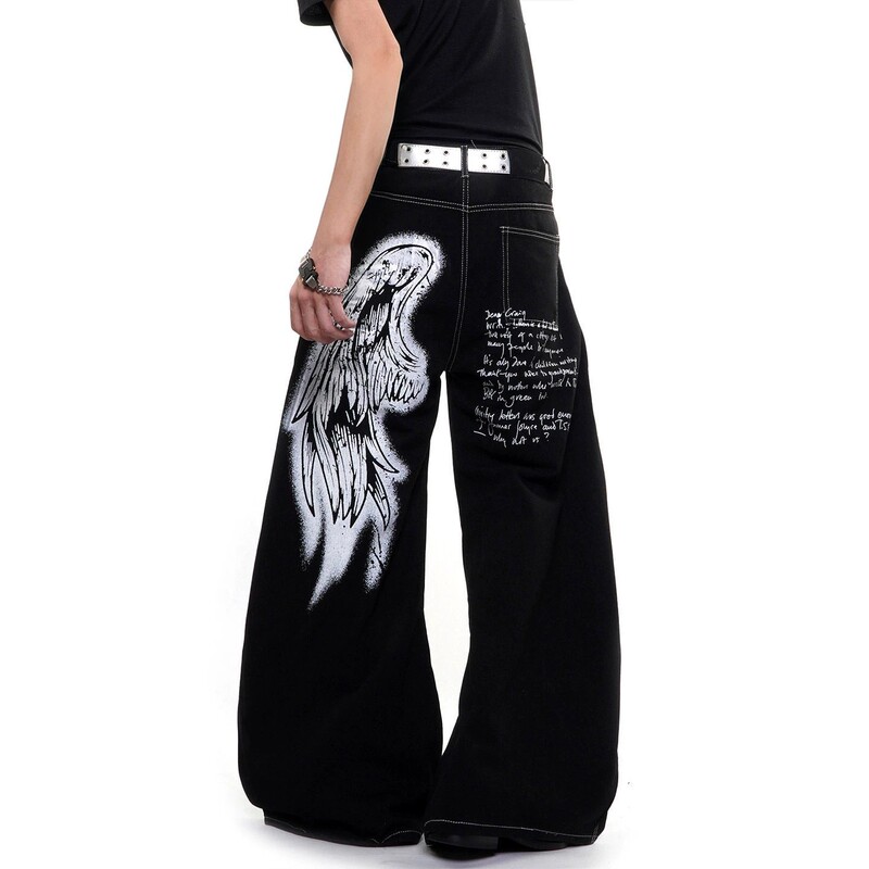 American-Style Wing Graffiti Print Jeans with Visible Stitching, Unisex Loose Fit, Versatile Wide-Leg, Multi-Pocket, Floor-Length Pants