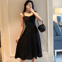 Square collar black dress for women 2024 summer waist slimming French retro scheming little black dress