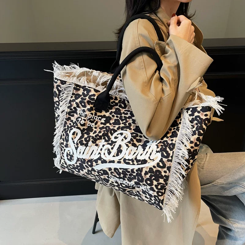 2025 Printed niche canvas women's bag leopard print tassel women's shoulder bag large capacity handbag with zipper