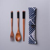 Chopsticks spoons and forks set wooden single set for dry rice three-piece set portable tableware cloth bag for one person