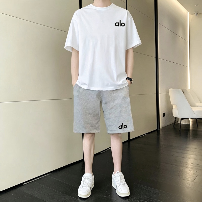 Alo Casual Sports Suit Men's Summer New Style Pure Cotton Breathable Short-Sleeved T-Shirt Loose Fashion Shorts Two-Piece Set Alo Casual Sports Suit Men's Summer New Style Pure Cotton Breathable Short-Sleeved T-Shirt Loose Fashion Shorts Two-Piece Set