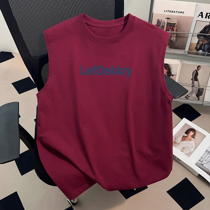 American-Style Pure Cotton T-Shirt for Men and Women, Summer Trendy Brand ins Couple Outfit, Cool Vest, Popular Burgundy Letter Sleeveless Top