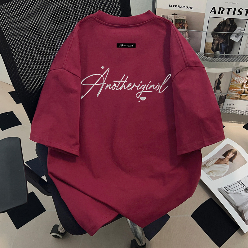 American-Style Heart-Shaped Trendy Small Square Logo Print Summer Burgundy T-Shirt for Men and Women, Couple Wear, Pure Cotton Short-Sleeve Top